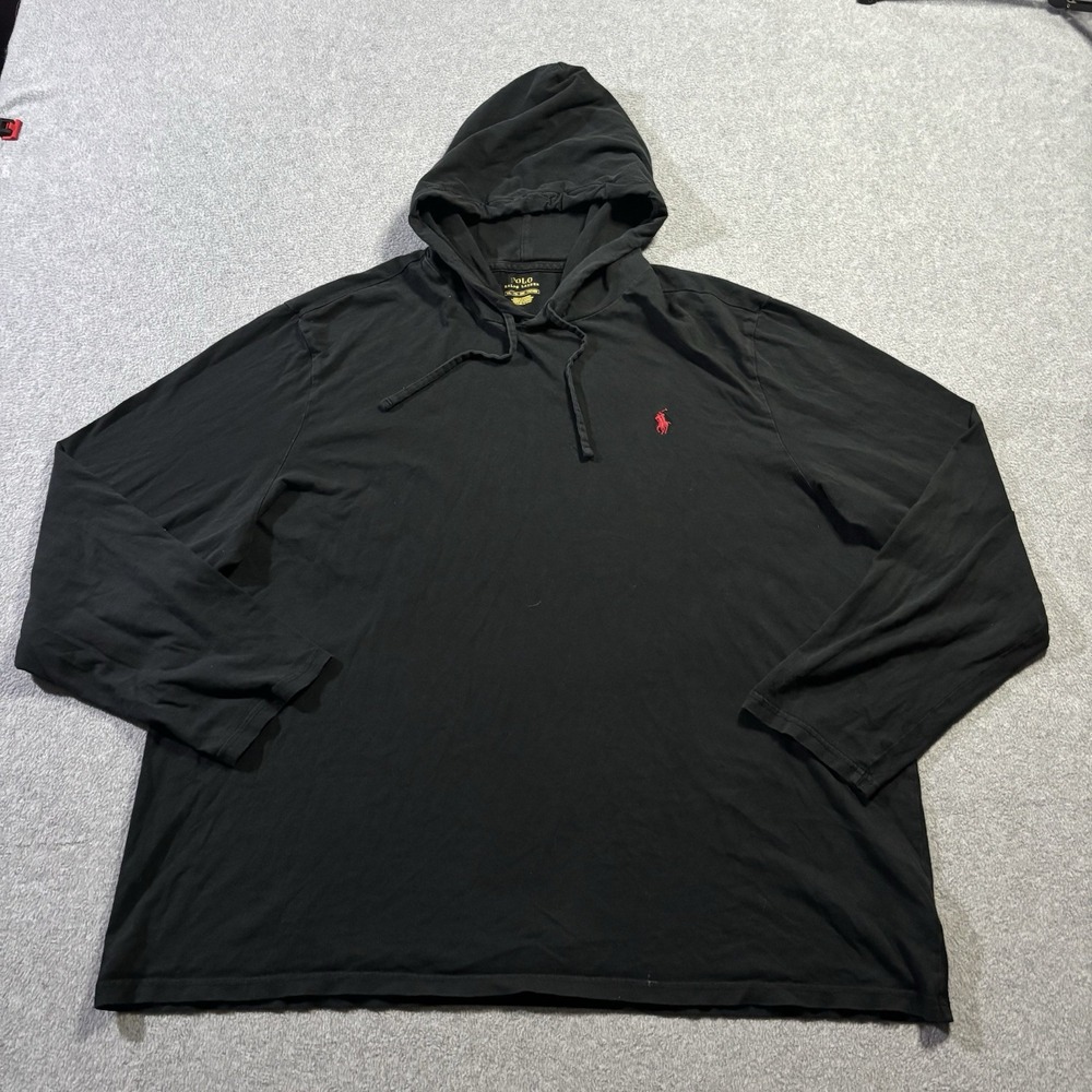 Polo Ralph Lauren Mens XXL Black Hooded Long Sleeve T-Shirt Lightweight Red Pony